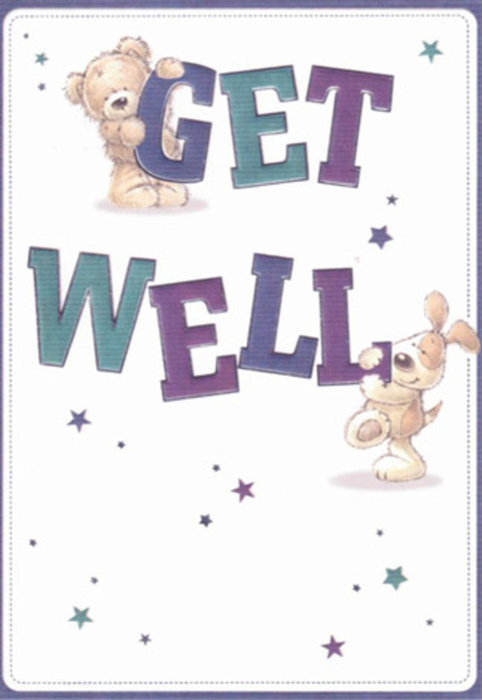 This illustrated get well card radiates genuine care-its playful duo of a cuddly bear and an exuberant puppy mirror the gentle encouragement often found at local gatherings in Wembley's cafes and parks. The bear, rendered in soft golden hues, balances lightly atop the word 'GET,' paw brushing against textured, purple letters that dance with life. Beneath, the puppy's floppy ear curls lovingly around the teal 'WELL,' both their faces shining with hope and kinship. The lively scattering of starbursts, painted in blues and violets, animates the clean, white background-much like the cheerful, hopeful atmosphere that fills Wembley Market on a bright morning. Each detail, from the minutely illustrated fur to the bold typographic lines, brings a sense of tactile comfort reminiscent of plush toys and hand-picked blooms. As someone arranging flowers for neighbours along Harrow Road, I see in this card the same careful intention-every element placed to cheer and uplift those facing recovery. The combination of playful artistry, harmonious colours, and textured charm delivers not only a message but an embrace, making this card a heartfelt accompaniment to flowers delivered by Wembley Florist in support of someone's healing journey.