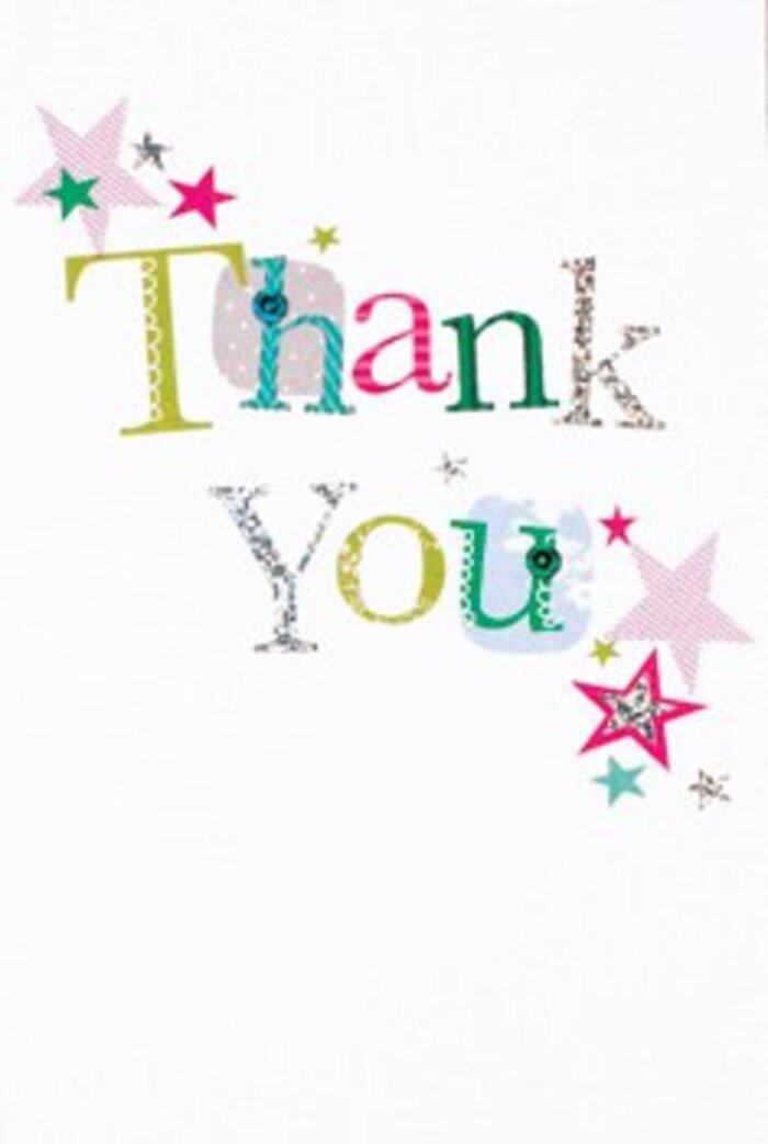 With understated exuberance, this thank you card presents its message in a graceful arc, its letters elegantly arranged as if they are participating in their own cheerful parade through the heart of Wembley. Each character possesses a distinct personality-one letter curved playfully with polka dots evoking the laughter of children at Chalkhill Park, another refined with soft stitches and a hint of shimmering silver, much like the evening sky reflected on the peaceful walks around Tokyngton Recreation Ground. Clusters of vibrant stars in hot pink, silvery white, and deep turquoise gather near the message, their sparkle conveying an extra blessing, almost as if the gratitude is being gently celebrated with every glimmer. The card's composition is airy and modern; the crisp white background allows each element to breathe and shine. Its subtle sophistication makes it suitable for both heartfelt notes between friends and formal tokens of appreciation within Wembley's caring community. Paired beside a bright bouquet, this card becomes part of a complete gift-uplifting, memorable, and as universally warm as the welcome found in our neighbourhood flower shop.