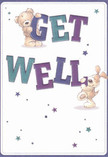 Bursting with cheer, this get well card springs to life with the charming duo of a soft brown teddy bear and a floppy-eared puppy, both intimately engaged with the large, vibrant lettering that spells out 'Get Well.' Their joyous, playful interaction-paw draped atop purple 'GET,' puppy nestled against teal 'WELL'-conveys warmth and a hopeful energy, reminiscent of the caring connections found all around Wembley. Twinkling starbursts in deep blues and purples scatter like confetti across the crisp white surface, infusing the scene with magic and gentle optimism. The artist's careful attention to the textured fluff of the bear and the velvety softness of the puppy's ears invites thoughts of comfort, like a hug brought to your doorstep near the quiet spaces of Barham Park. Each element, from the confident, colourful typography to the expressive animal faces, works in harmony to form a visual message of heartfelt encouragement and renewal. As a local florist, I sense the same nurturing spirit here that goes into assembling a bouquet tailored to brighten someone's day-whether sent to a home in Wembley Central or a nearby clinic. This card's artful design carries not just words, but an uplifting presence that makes the act of sending well-wishes a small celebration of hope.